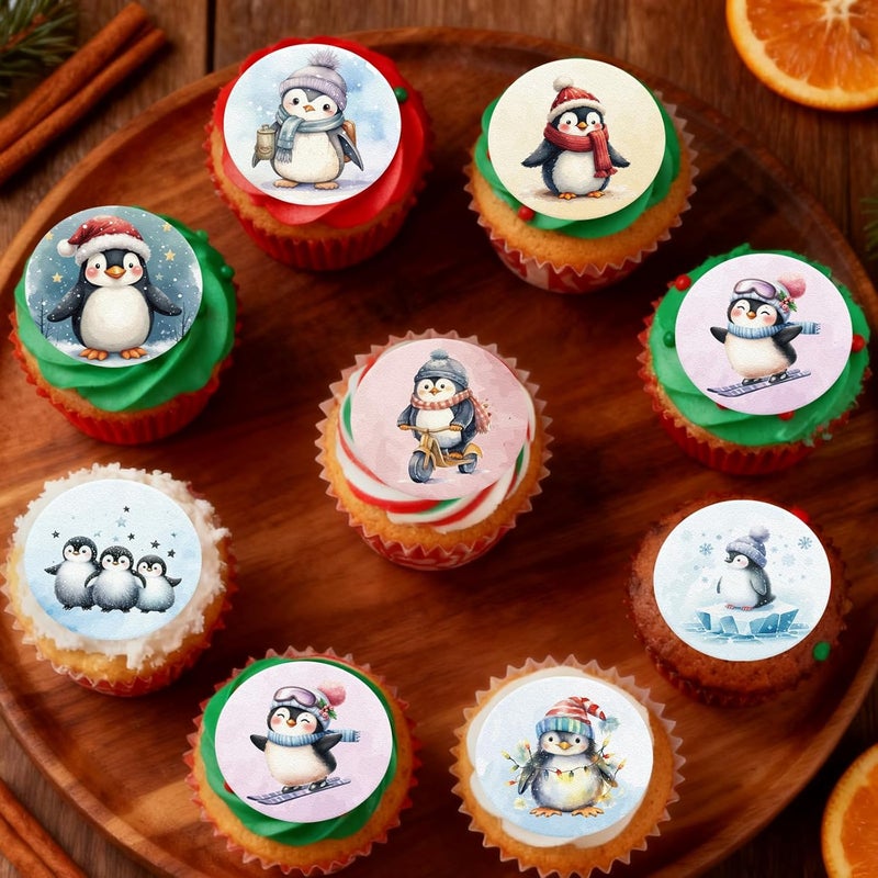Fyeoxle 36PCS Edible Penguins Cupcake Toppers Wafer Paper Winter Penguin Cupcake Picks for Holiday Theme Christmas Party Baby Shower Birthday Supplies - Image 3